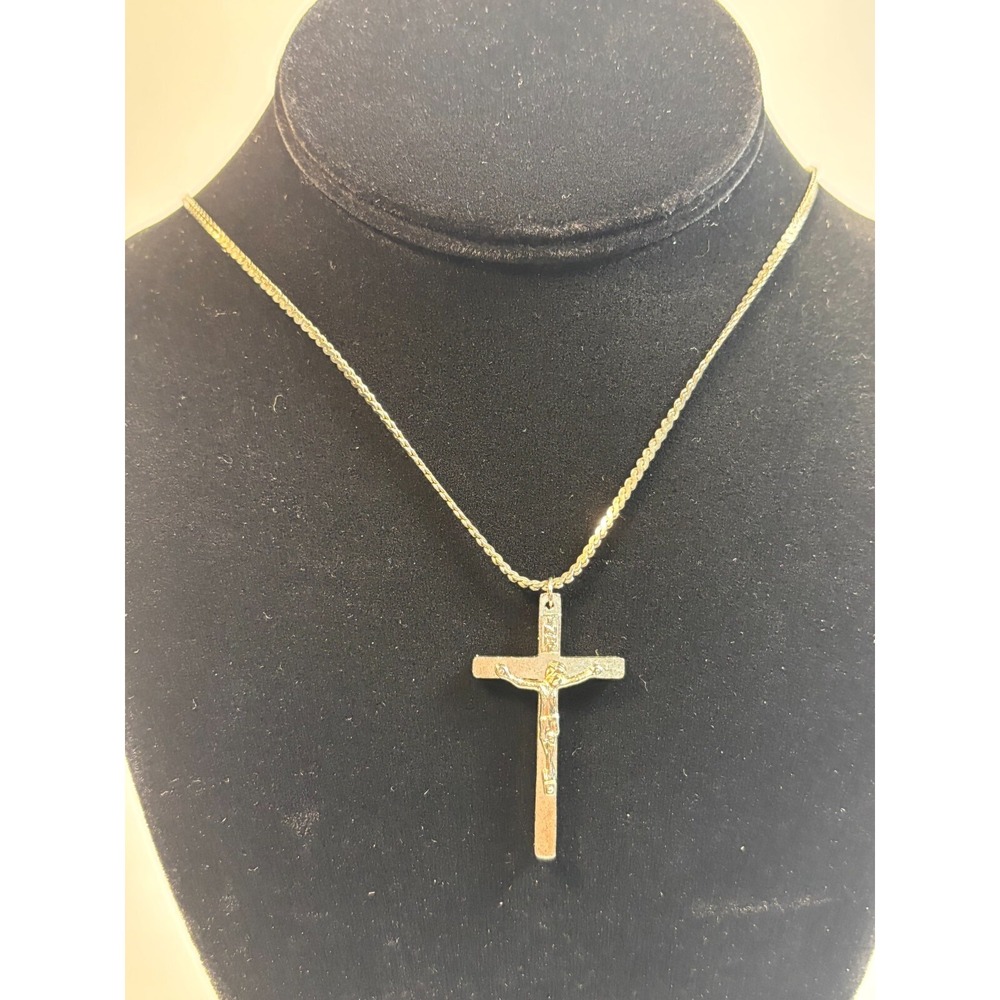 Delicate Crucifix Cross Necklace‎ In Silver Tone on Vintage Chain 20 inch